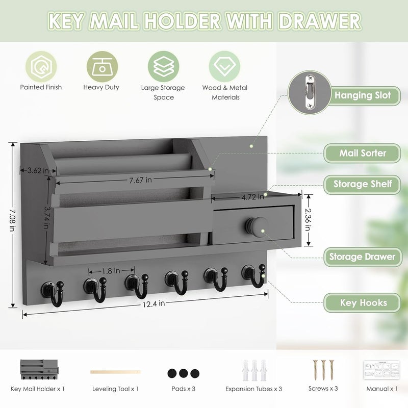 VIS'V Key Holder Wall Mount, Wooden Mail and Key Organizer with Drawer and Shelf, 2 Slots, 6 Hooks, Grey - Image 3